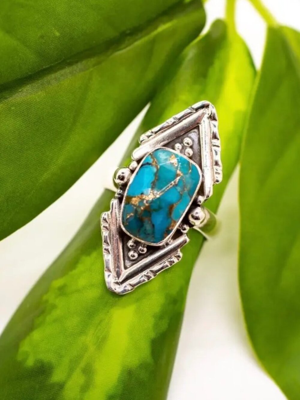 Sterling Silver Copper Turquoise Decorated Point Ring